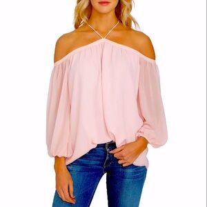 NWT 1 State light pink halter off shoulder flowy sheer sleeve blouse runs like S
